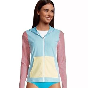 Lands' End UPF 50 Seersucker Hooded Full Zip Front Rash Guard Women's Medium